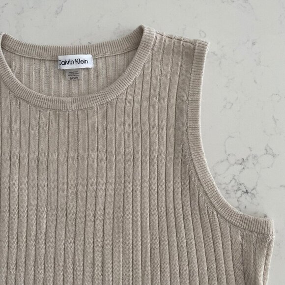 Calvin Klein Neutral Slvless Crew Neck Acrylic Ribbed Knit Top Taupe/Cream Sz S - Picture 2 of 9